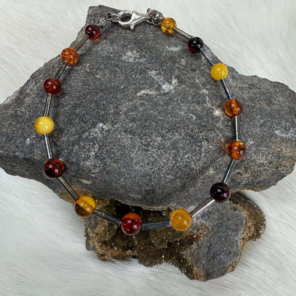 Sterling Silver & Amber Bead Bracelet 7.5"